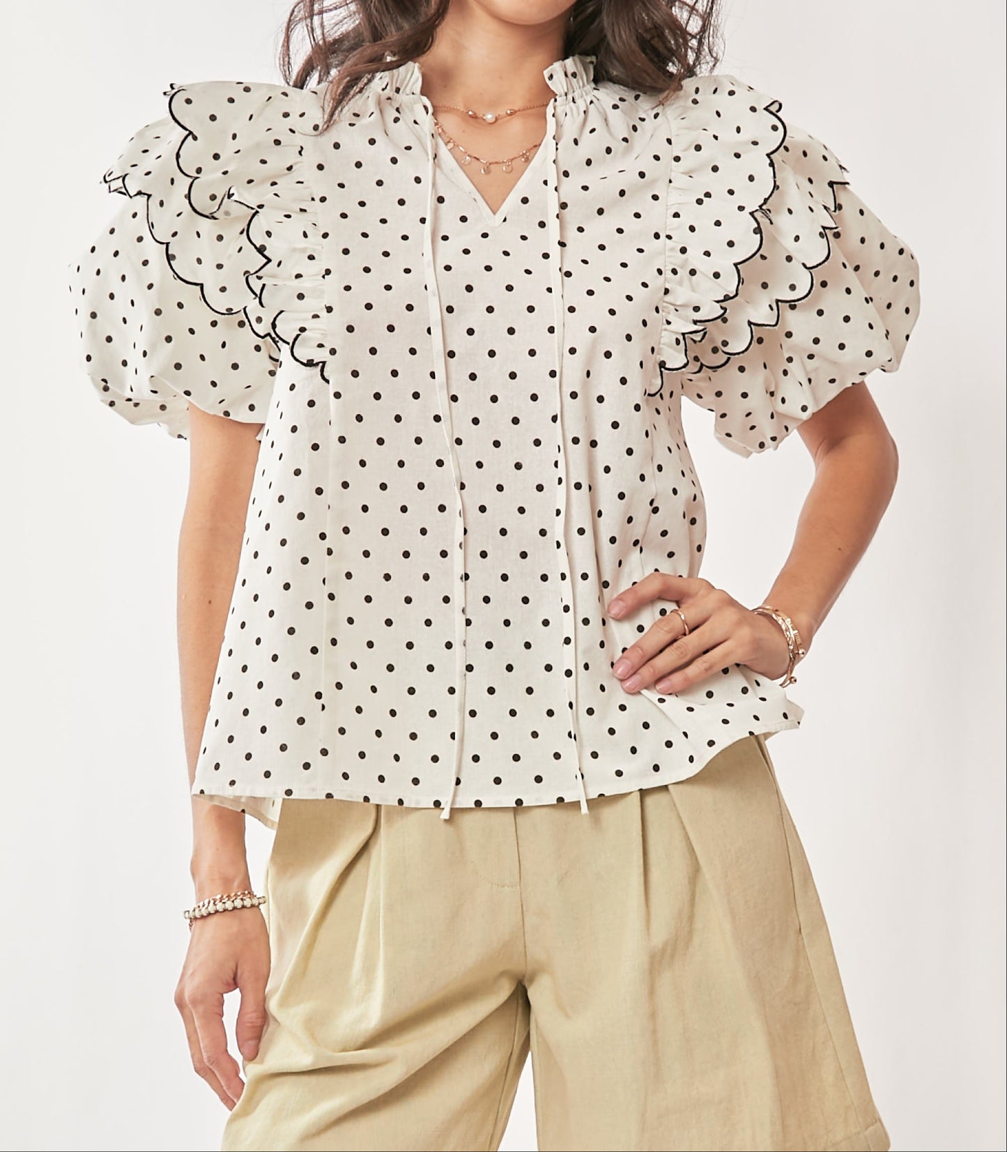 Polka Dot Contrast Edge Scallop Ruffle Top