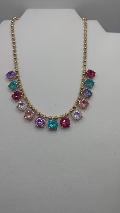 Crystal Glass Bead Dangle Station Ball Beaded Chain Necklace- Multi AB