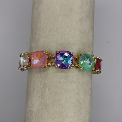 Cushion Cut Glass Crystal Linked Stretch Bracelet- Light Pastel