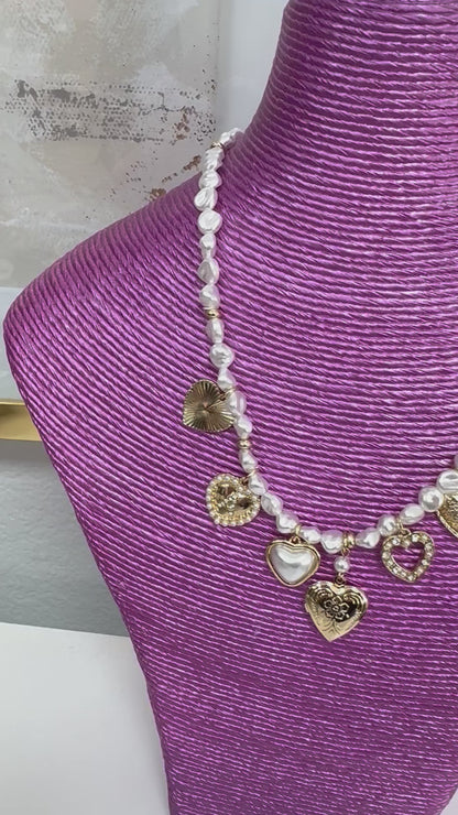 Pearl Beaded Heart Charm Necklace