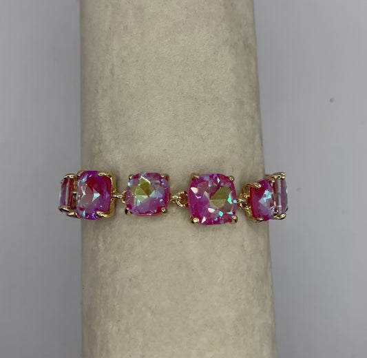 D406 Cushion Square Stone Link Evening Bracelet- Iridescent Stone Pink