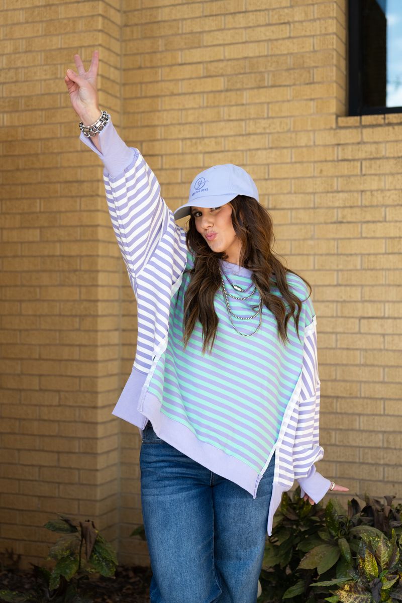 Heather Welper Collection Lavender & Mint Stripe French Terry High Low Hem Top