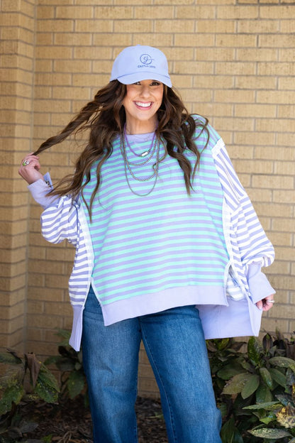 Heather Welper Collection Lavender & Mint Stripe French Terry High Low Hem Top