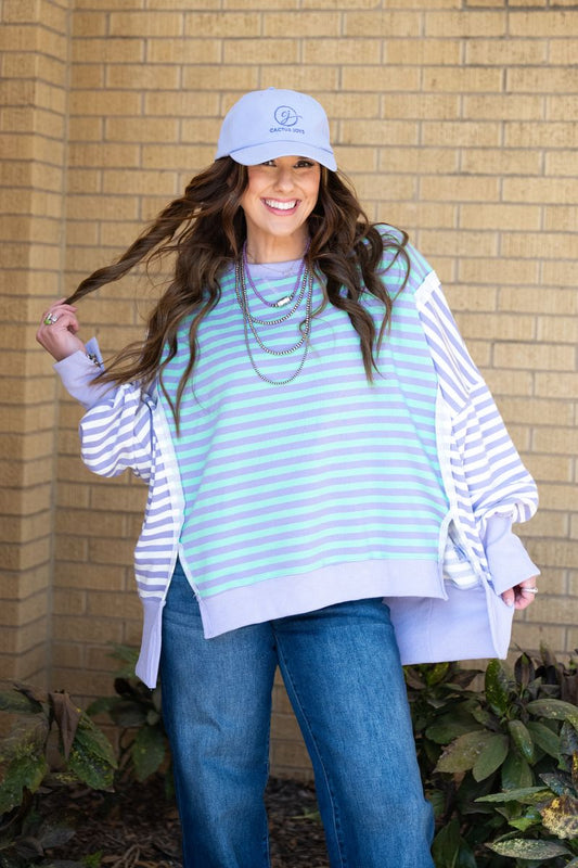 Heather Welper Collection Lavender & Mint Stripe French Terry High Low Hem Top