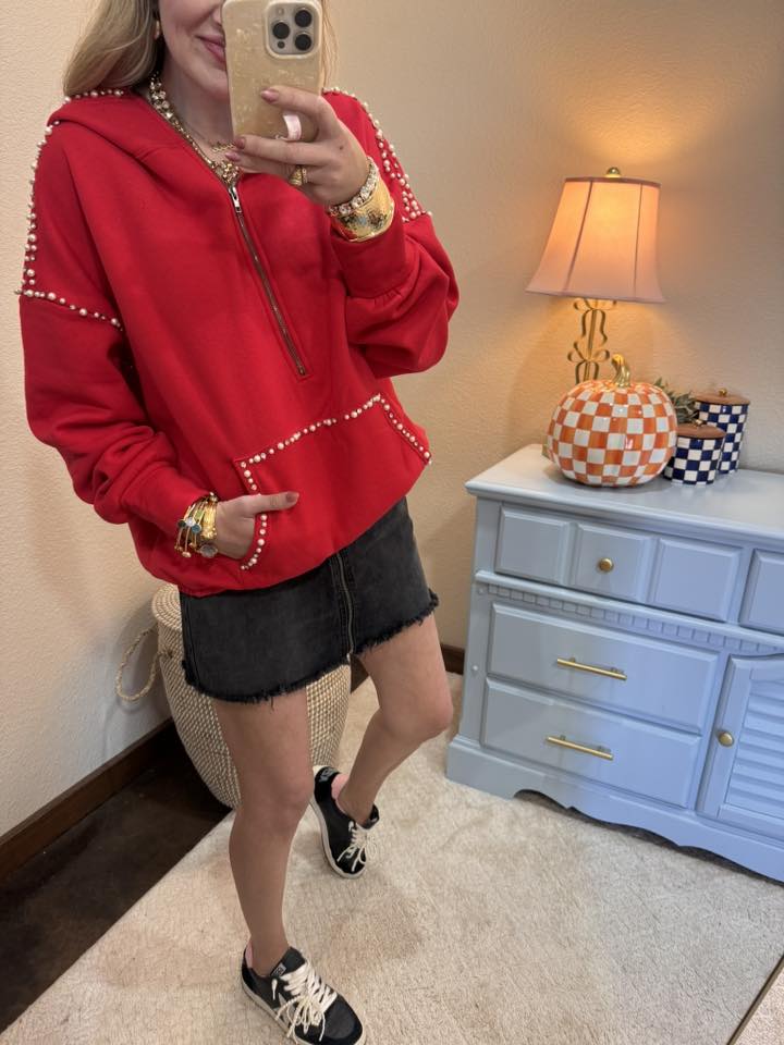 Red Jeweled Lined Hoodie Top