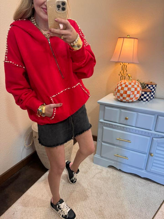 Red Jeweled Lined Hoodie Top