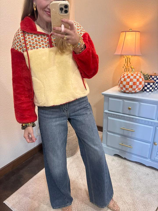 Red Mix Color Blocked Fleece Top