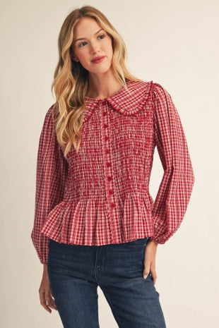 Red Smocked Upper-body Button Down Plaid Top