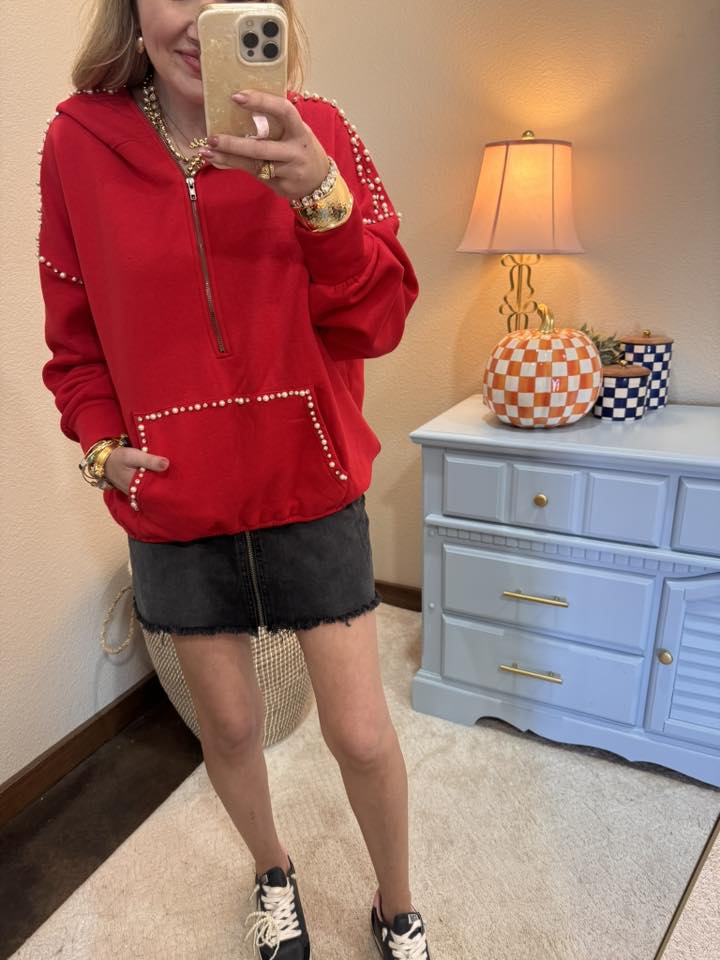 Red Jeweled Lined Hoodie Top