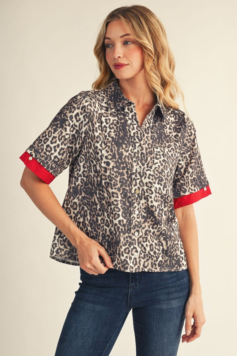 Red Contrast Accent Button Down Leopard Top