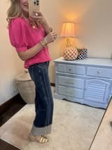 Risen Dark Mid Rise Wide Leg Cuffed Jeans With Double Front Pocket Detail