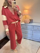Brick Color Block Casual Knit Top & Pant Set