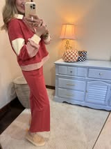 Brick Color Block Casual Knit Top & Pant Set