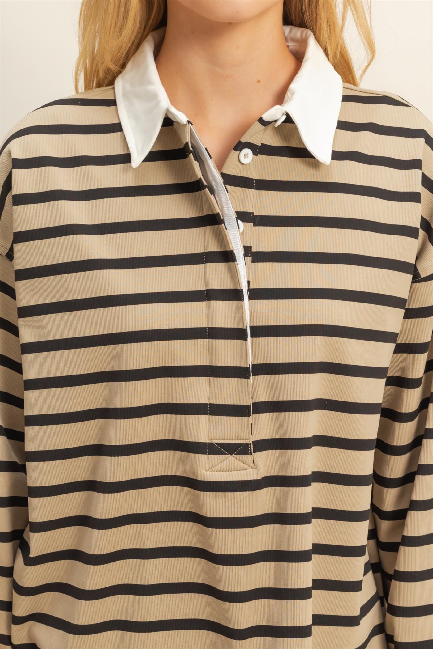 Taupe/Black Button up Collar Long Sleeve Top