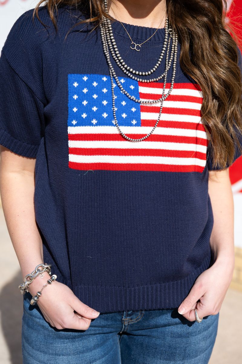 Heather Welper Collection Navy America Flag Knit Top