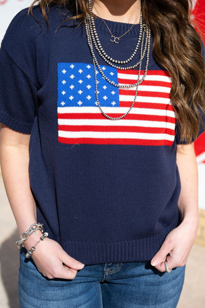 Heather Welper Collection Navy America Flag Knit Top