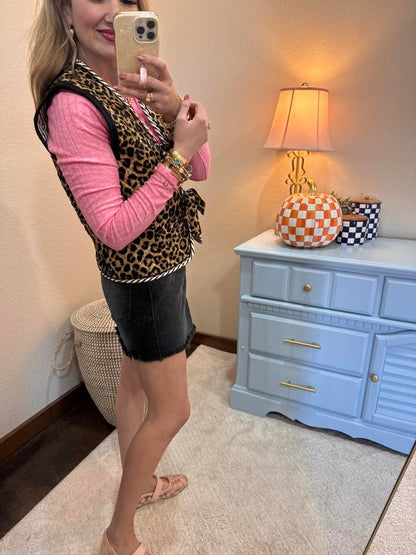 Leopard Quilted Tie Front Vest FS