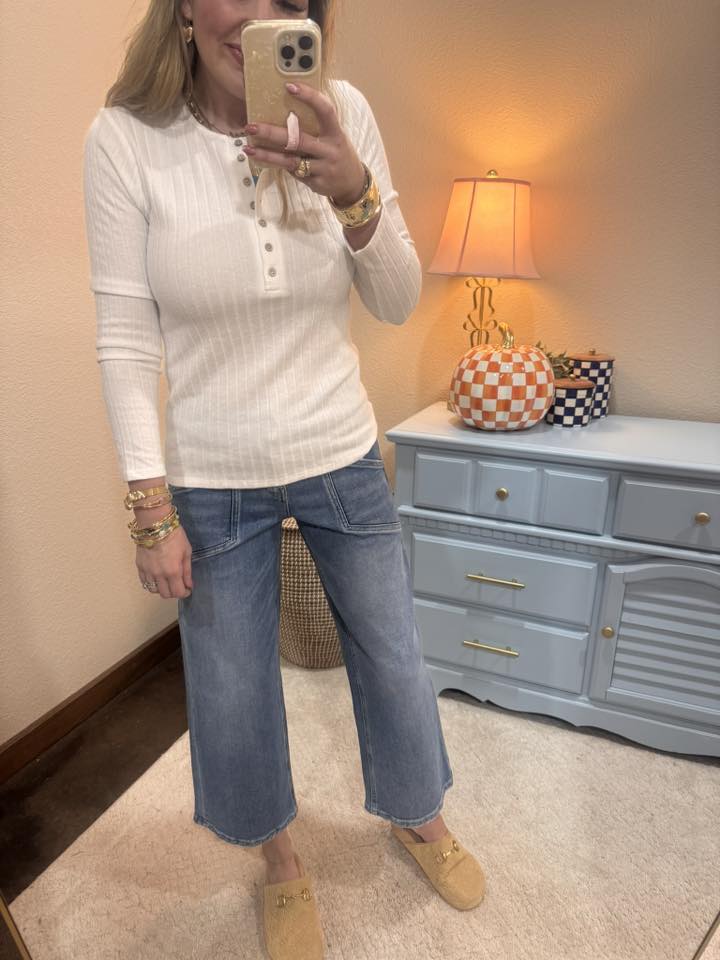 Off White Ribbed Long Sleeve Button Down Top