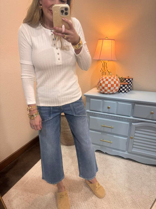 Off White Ribbed Long Sleeve Button Down Top