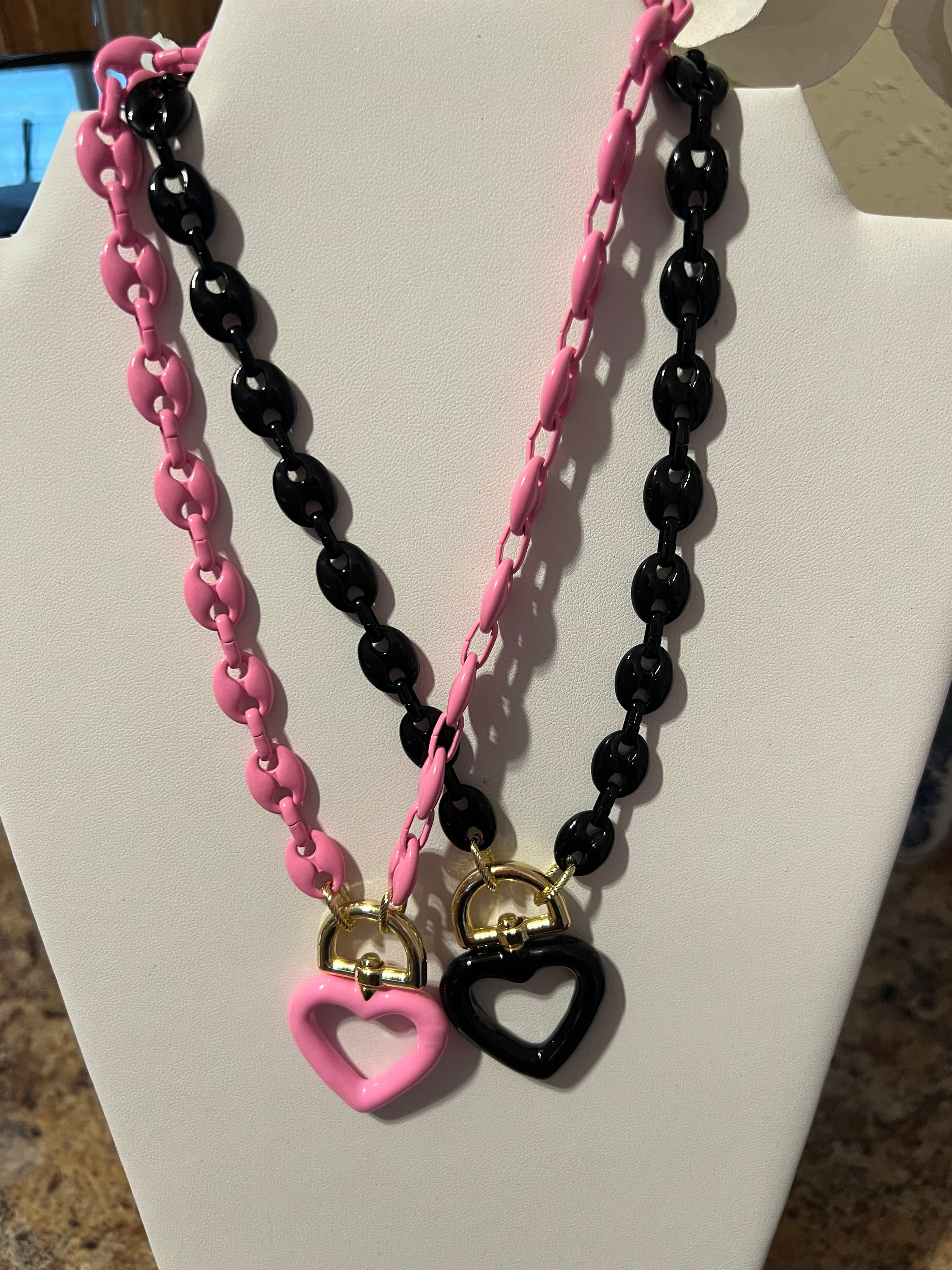 Enamel Magnetic Clasp Heart Necklace (Pink and Black!)